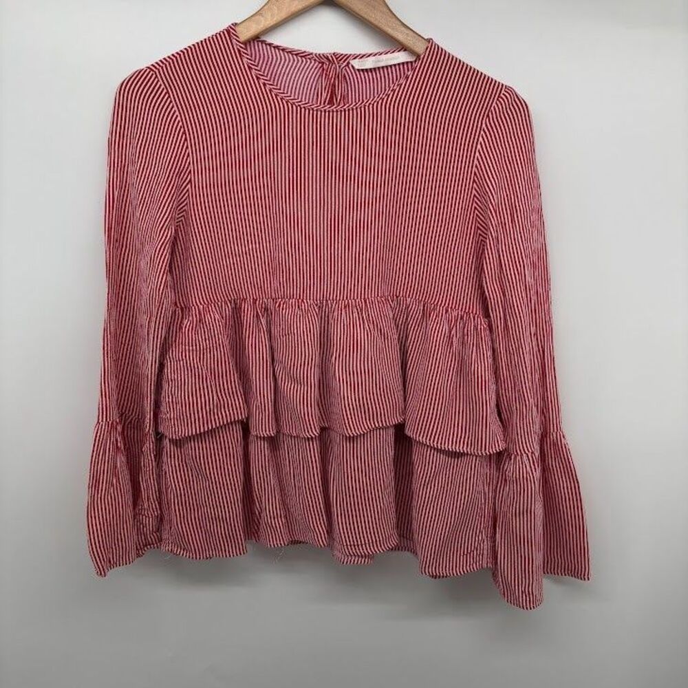 Zara Trafaluc Collection Sz XS Red & White Stripe Tunic Top Bell Sleeves Ruffled